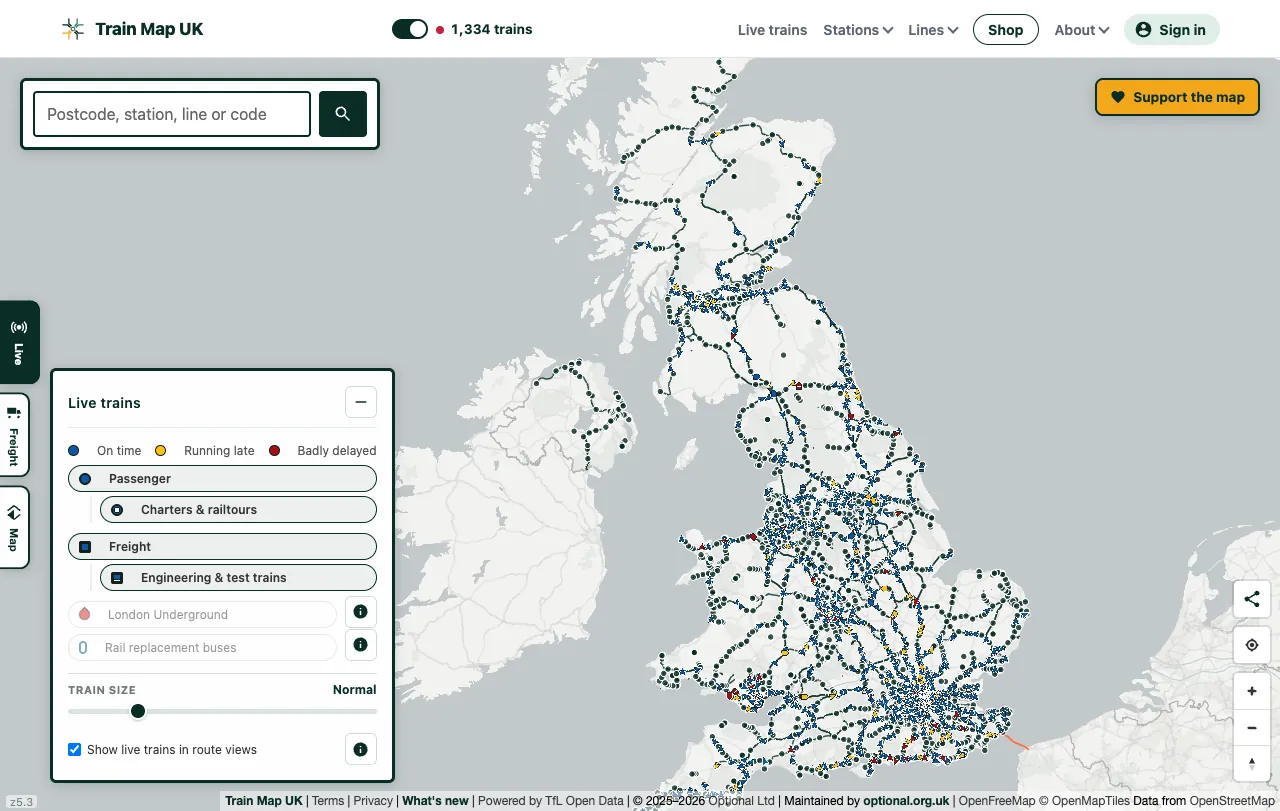Interactive map of the complete UK railway network with live trains switched on: every train running, marked on time, running late or badly delayed