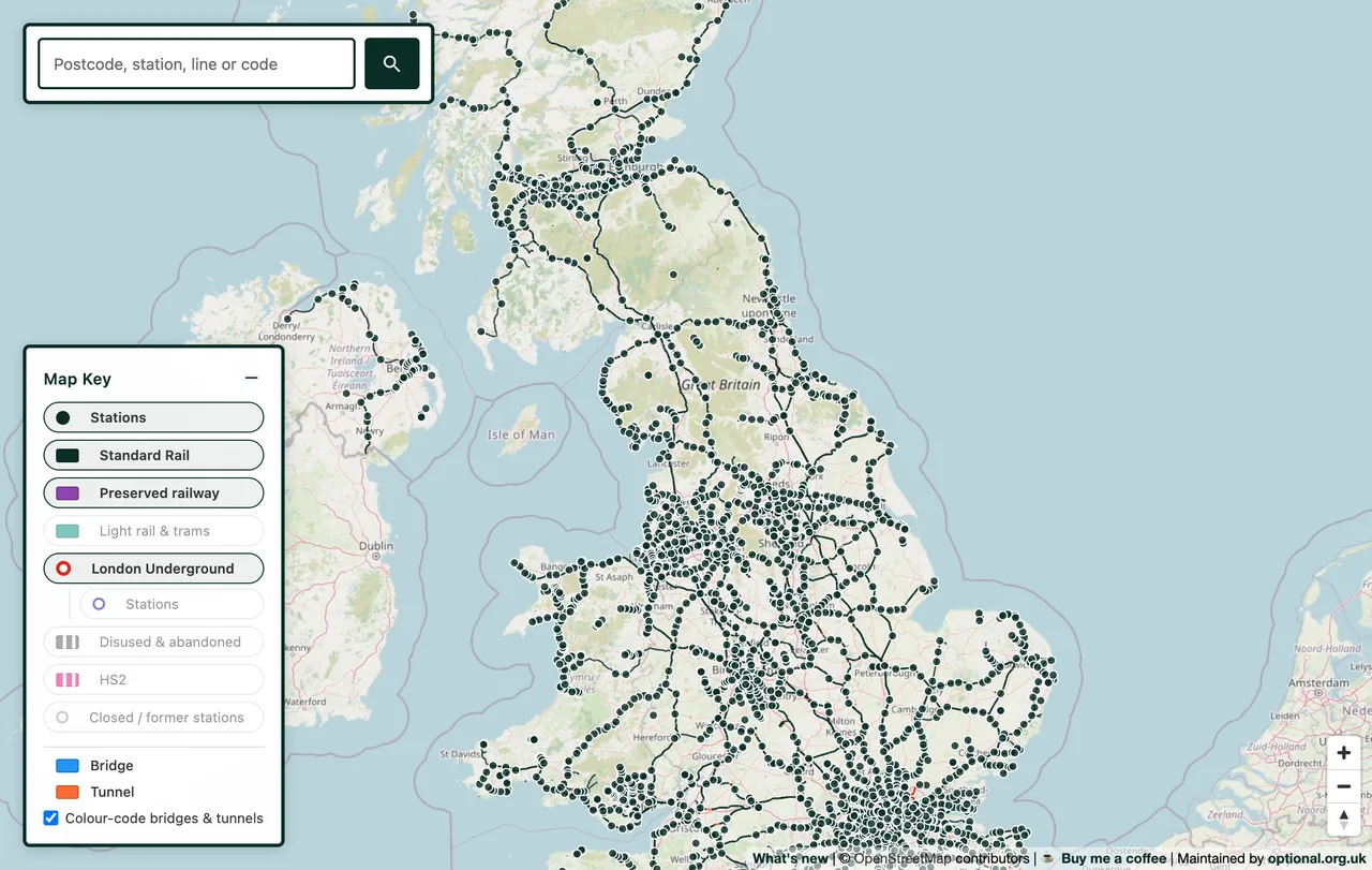 Interactive map of the complete UK railway network across Great Britain, with every line and station