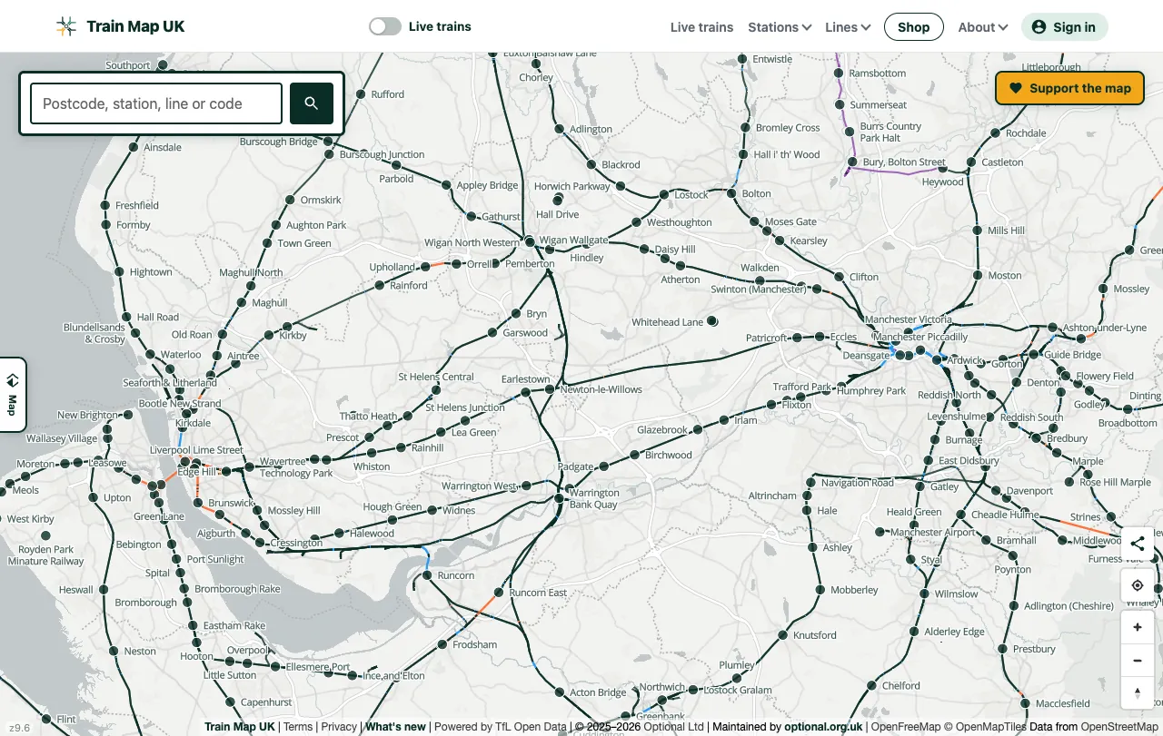 Zoomed-in view of the railway network around Manchester and Liverpool, with stations and lines