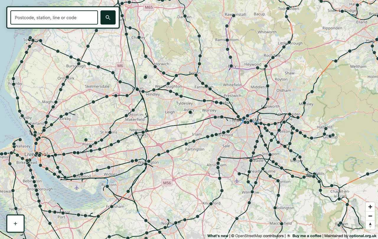 Zoomed-in view of the railway network around Manchester and Liverpool, with stations and lines