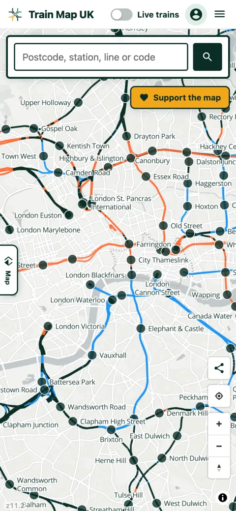 The dense railway network across central London, colour-coded by line type