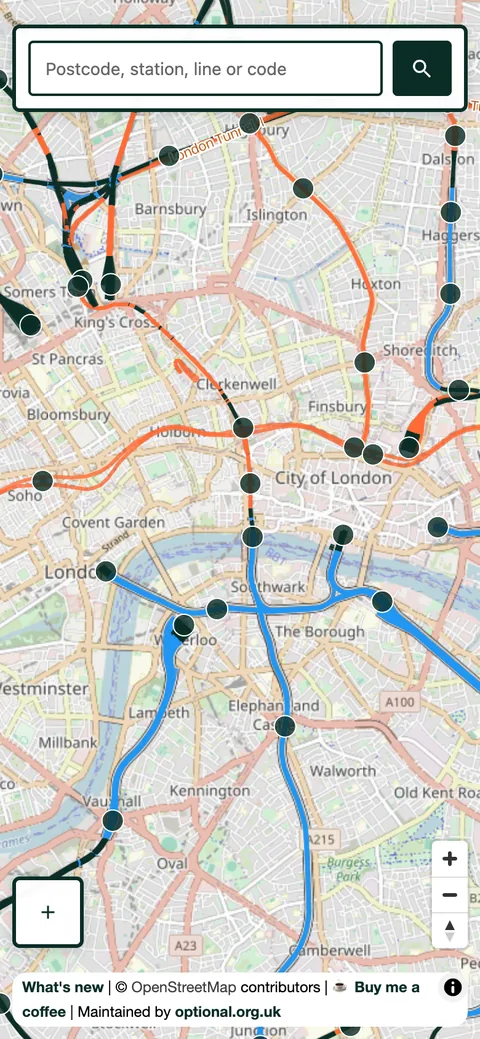 The dense railway network across central London, colour-coded by line type