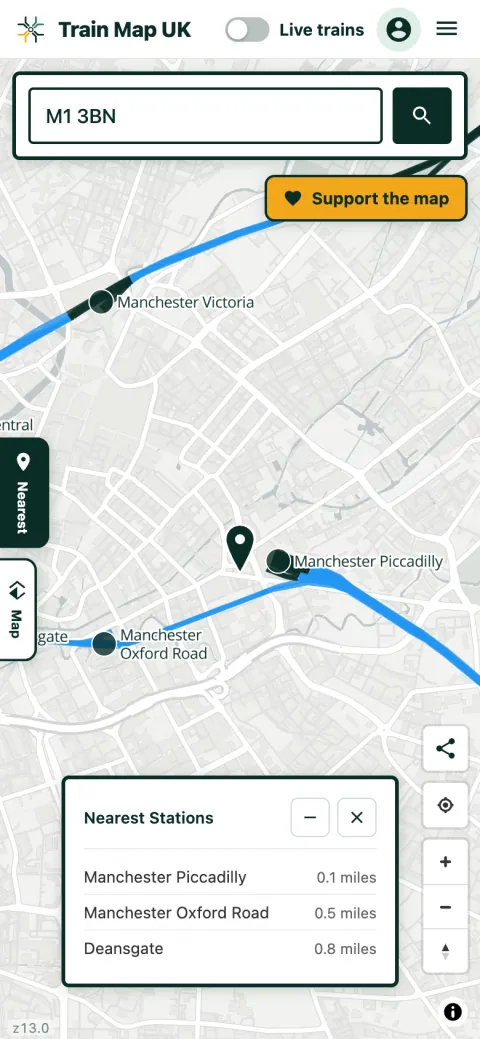 Searching a postcode on Train Map UK and seeing the three nearest railway stations listed with distances