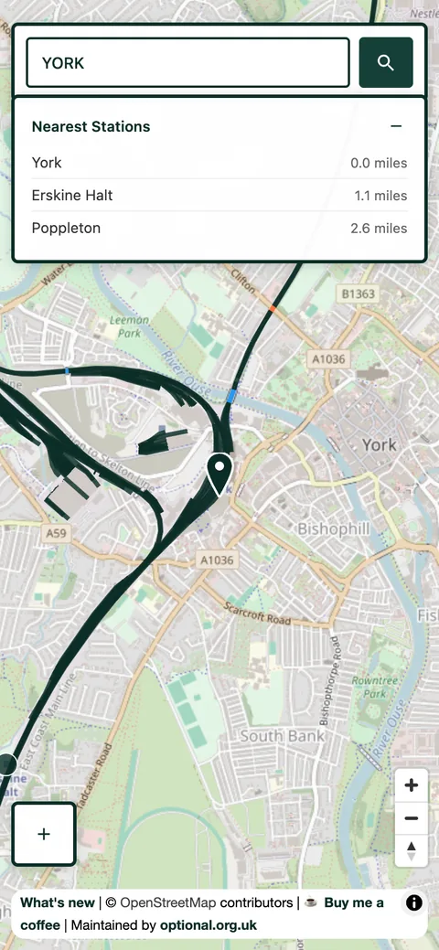 Searching York on the UK Rail Map, showing the three nearest stations with distances