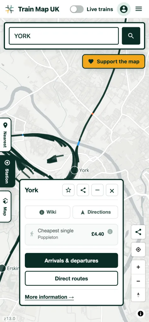 York station's card, with its Wikipedia link, directions, the cheapest single fare, live arrivals and departures, and direct routes