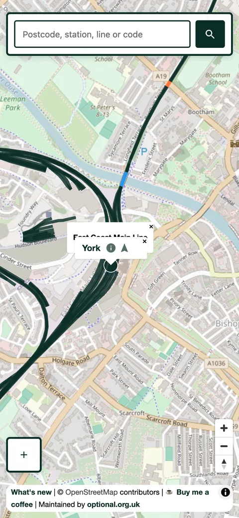 Tapping York station opens a popup linking to its Wikipedia article and Google Maps location
