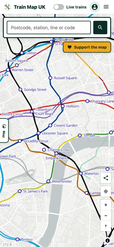 The London Underground shown in its official line colours over central London, with each station named