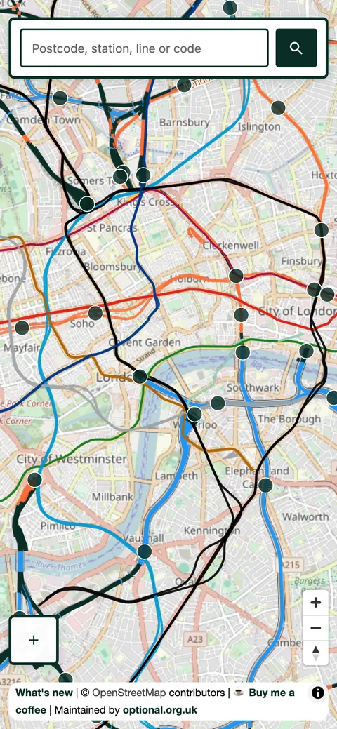 The London Underground shown in its official line colours over central London