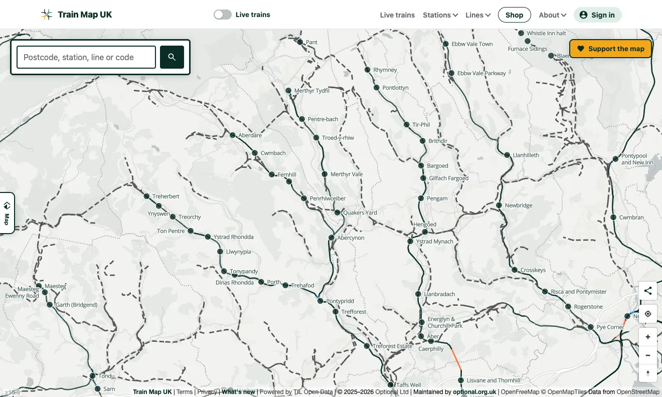 Disused railway lines shown as grey dashed lines in the South Wales valleys, alongside the active network
