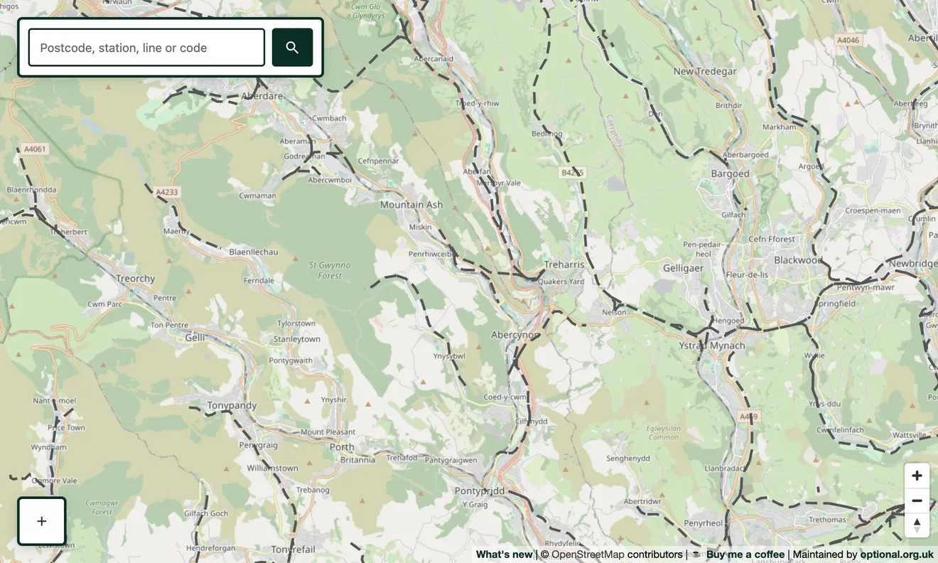 Disused railway lines shown as grey dashed lines in the South Wales valleys, alongside the active network