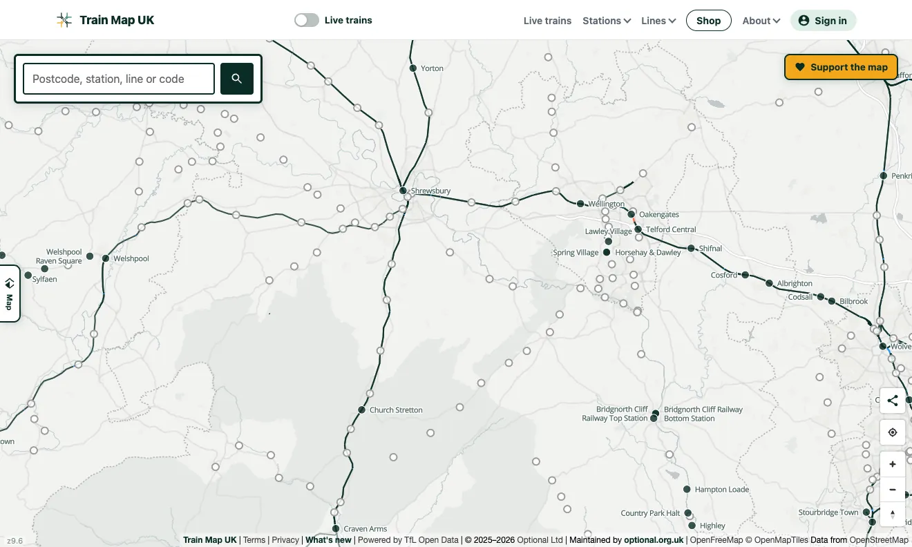 Closed and former railway stations shown as hollow markers across the Welsh borders, between today's open stations