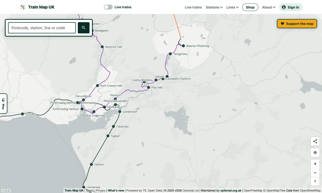 Heritage railways in purple: the Ffestiniog and Welsh Highland Railways around Porthmadog in North Wales