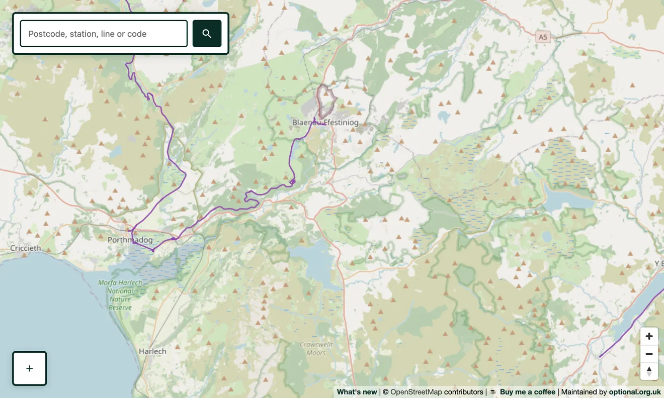 Heritage railways in purple: the Ffestiniog and Welsh Highland Railways around Porthmadog in North Wales