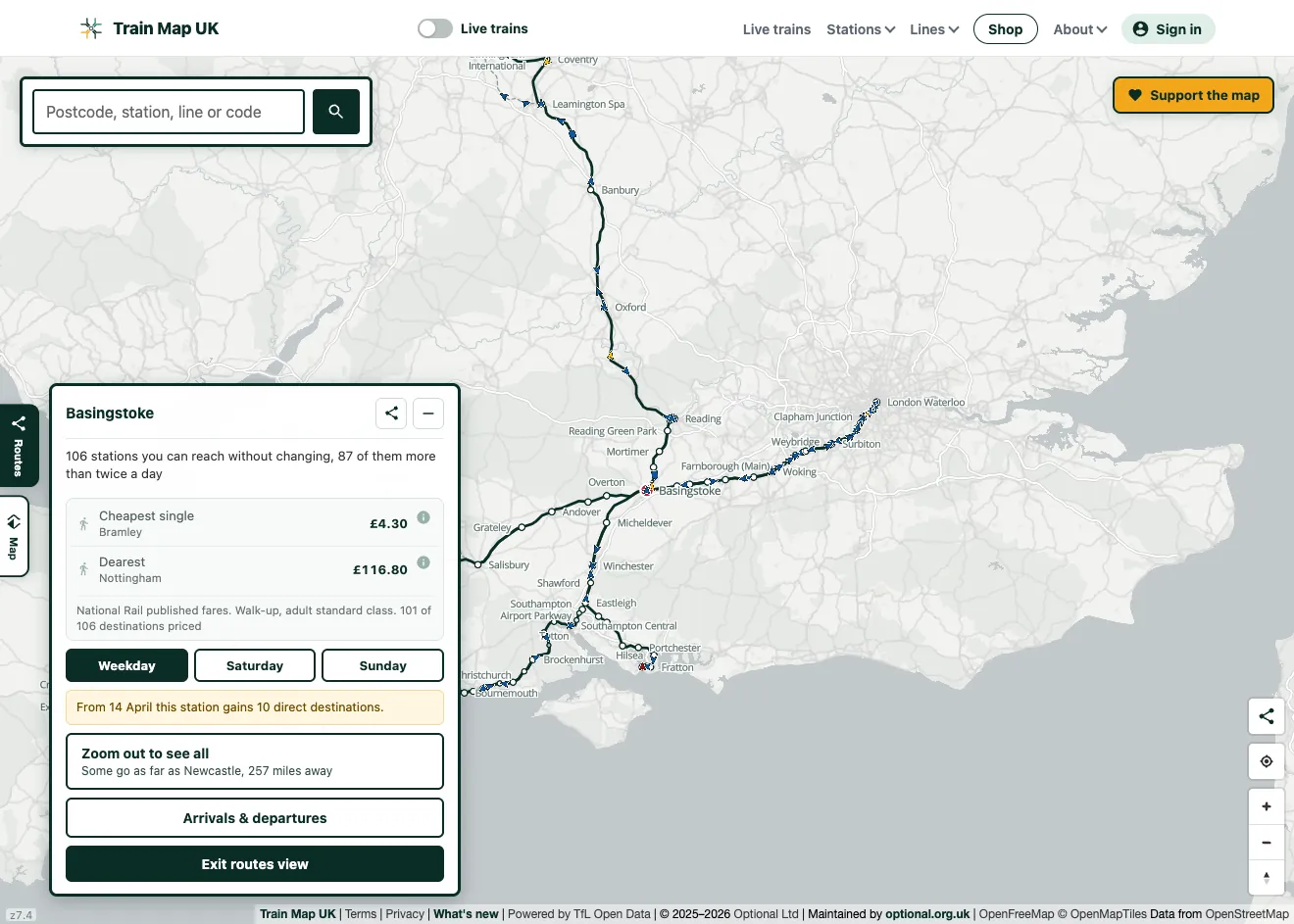 The Routes view for Basingstoke: every line reachable by direct train drawn across the map, with the reach summarised in a panel