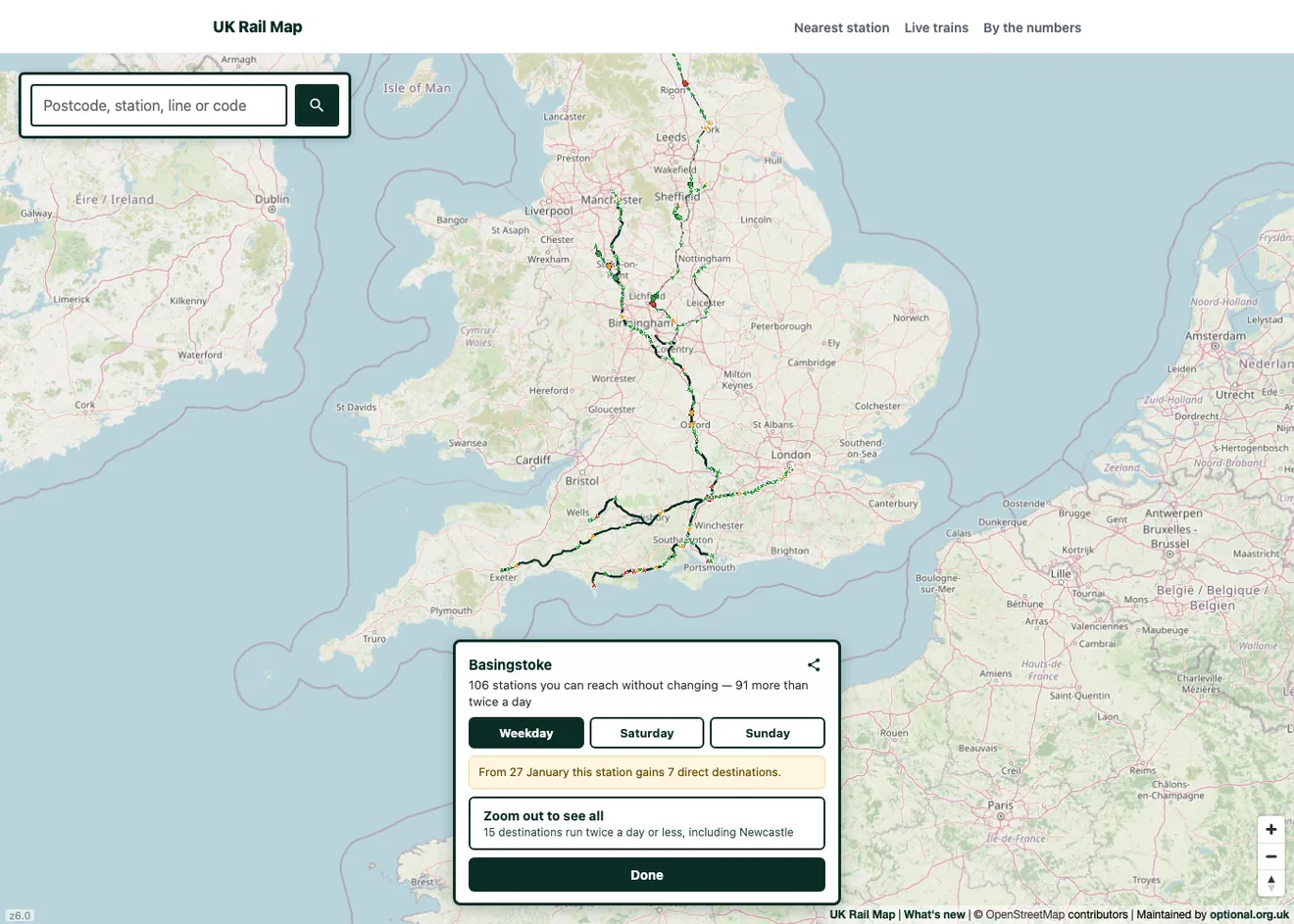 The Routes view for Basingstoke: every line reachable by direct train drawn across the map, with the reach summarised in a panel