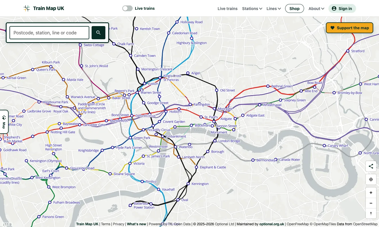 The London Underground in its official line colours over central London, on real geography, with each station named