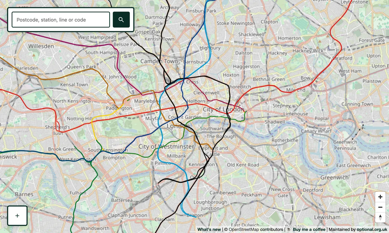 The London Underground in its official line colours over central London, on real geography