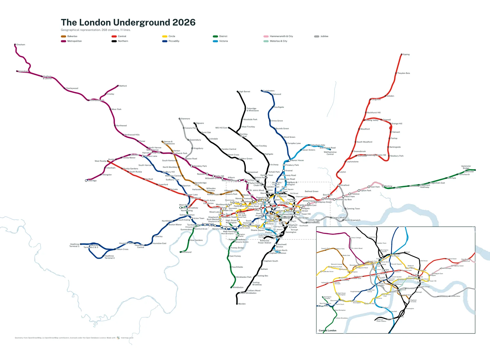 Geographic map of the London Underground, all 11 lines in their official colours in true geographic positions, with a central London inset