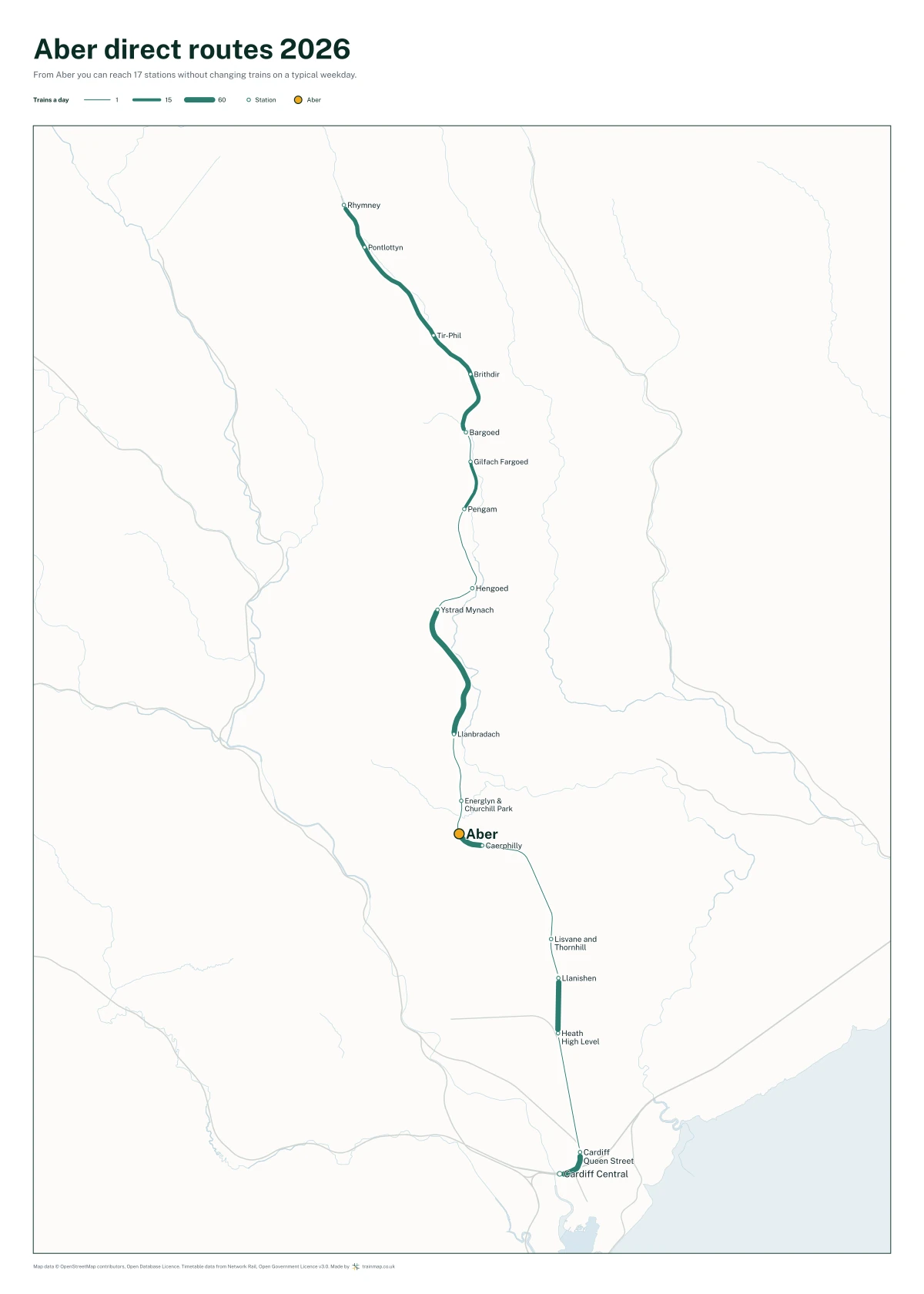 Aber direct routes 2026: a map of every station you can reach from Aber without changing trains, the lines thicker where more trains run