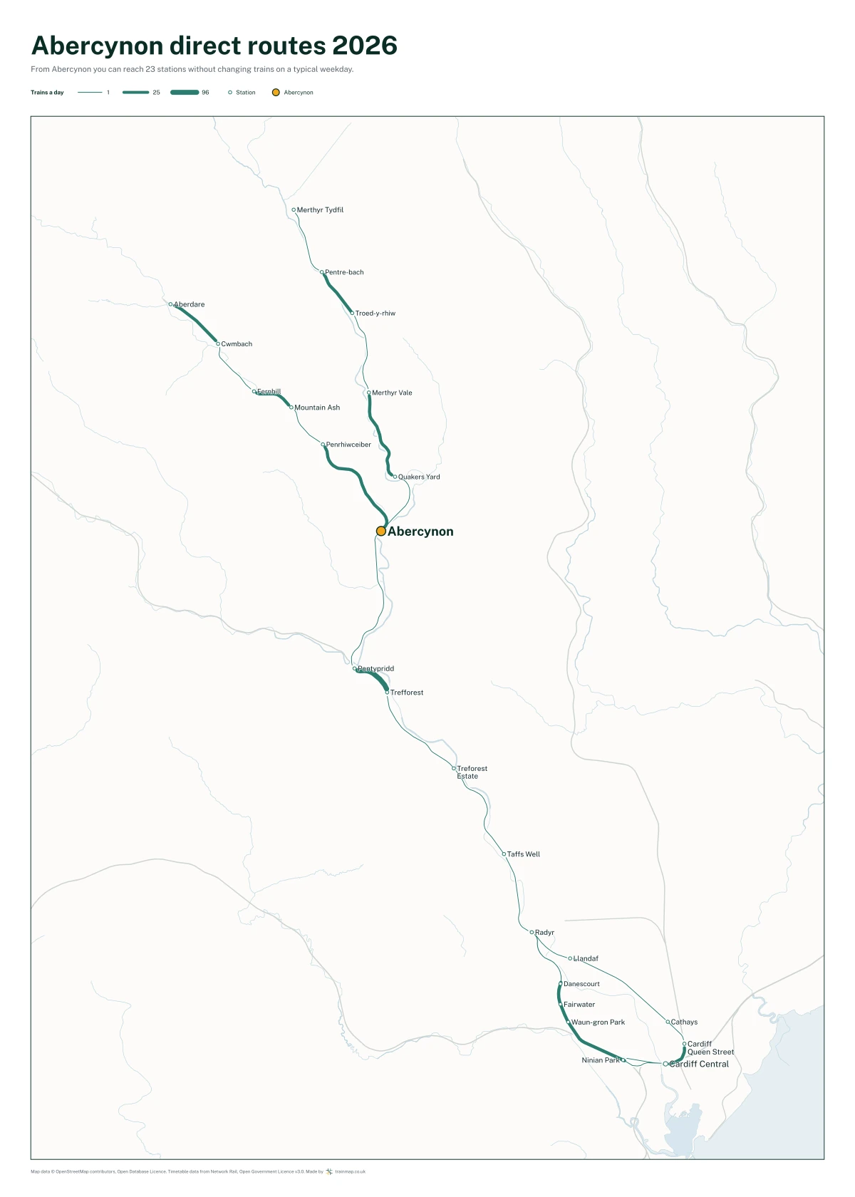 Abercynon direct routes 2026: a map of every station you can reach from Abercynon without changing trains, the lines thicker where more trains run