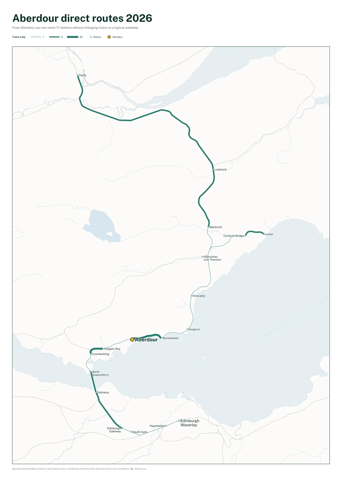 Aberdour direct routes 2026: a map of every station you can reach from Aberdour without changing trains, the lines thicker where more trains run