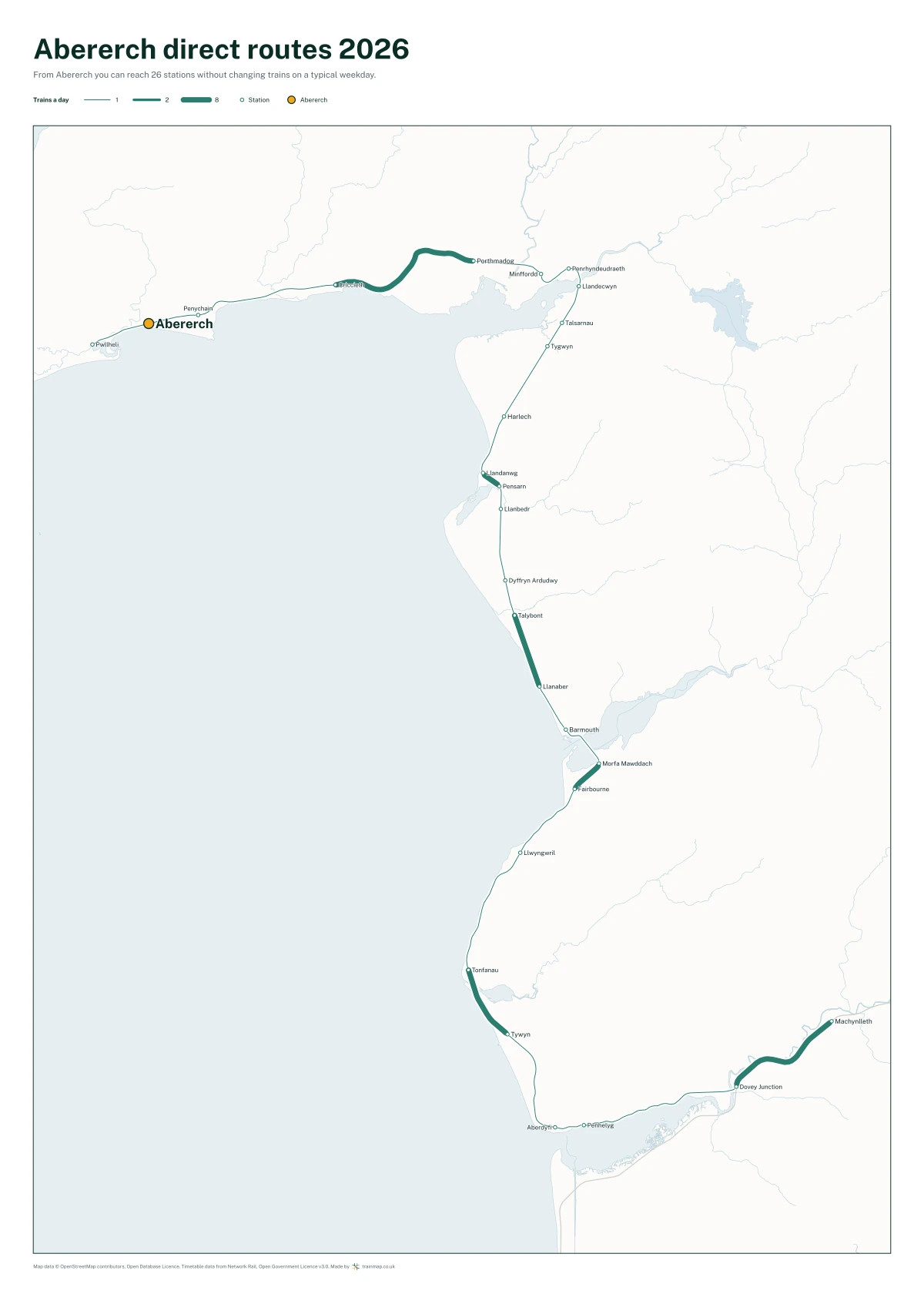 Abererch direct routes 2026: a map of every station you can reach from Abererch without changing trains, the lines thicker where more trains run
