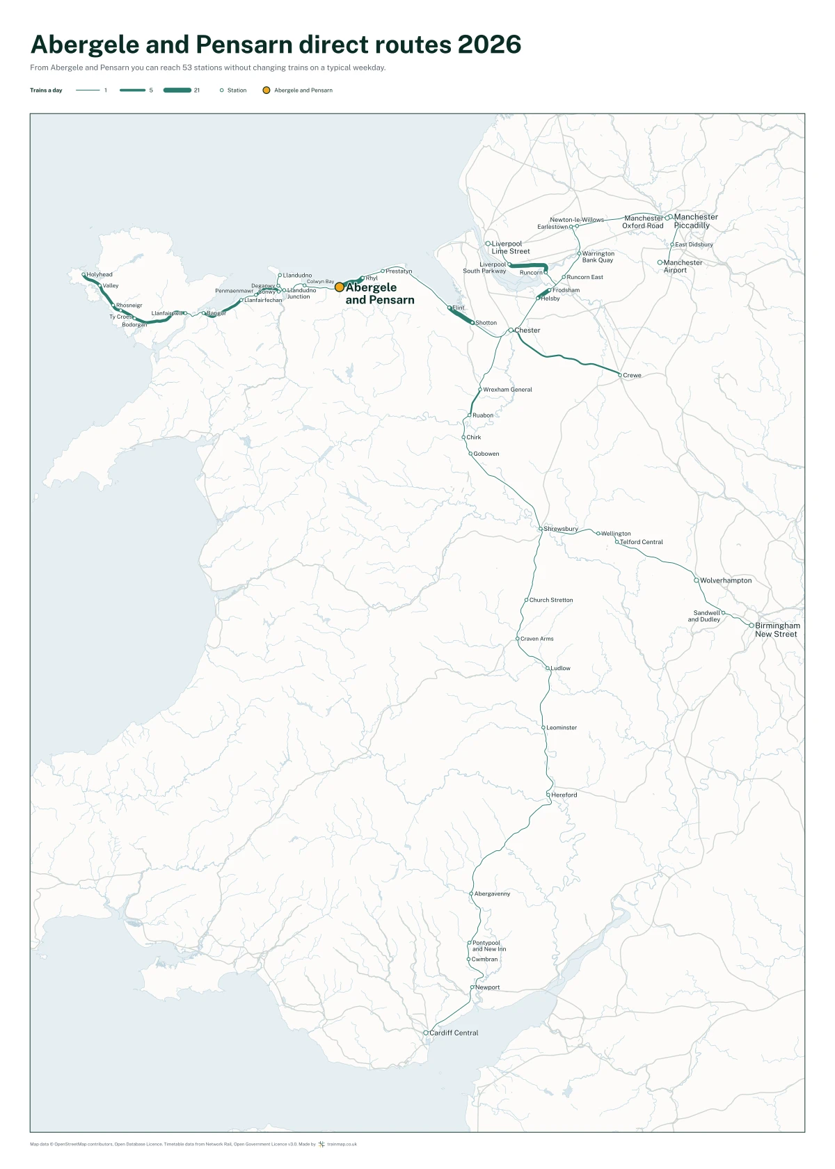 Abergele and Pensarn direct routes 2026: a map of every station you can reach from Abergele and Pensarn without changing trains, the lines thicker where more trains run