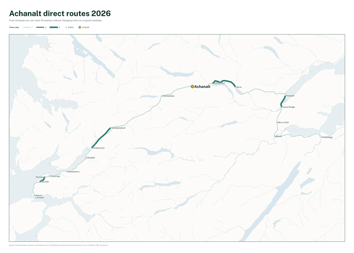 Achanalt direct routes 2026: a map of every station you can reach from Achanalt without changing trains, the lines thicker where more trains run