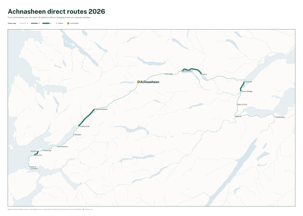 Achnasheen direct routes 2026: a map of every station you can reach from Achnasheen without changing trains, the lines thicker where more trains run