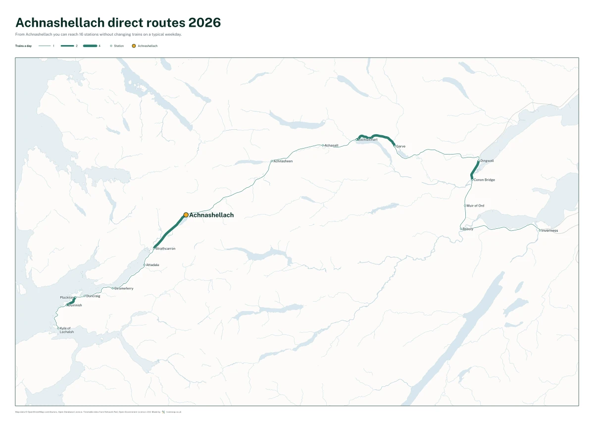 Achnashellach direct routes 2026: a map of every station you can reach from Achnashellach without changing trains, the lines thicker where more trains run