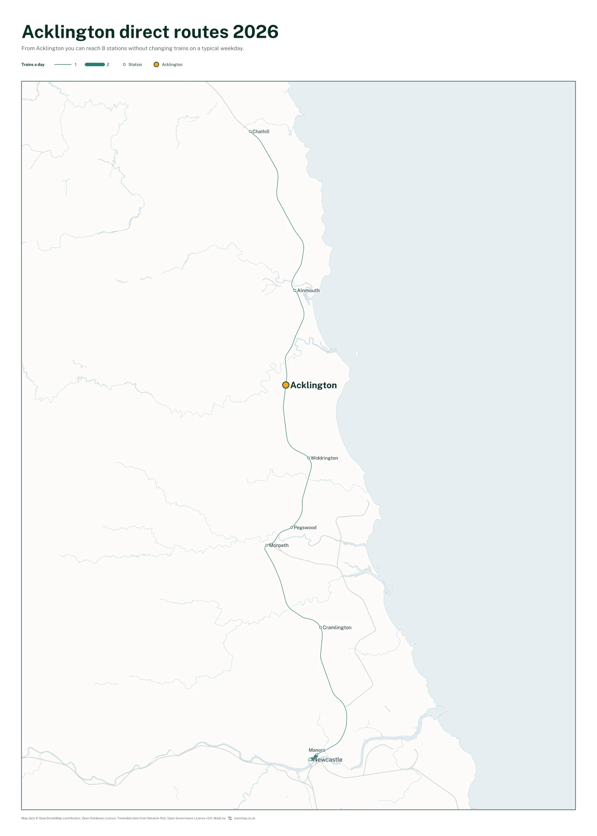 Acklington direct routes 2026: a map of every station you can reach from Acklington without changing trains, the lines thicker where more trains run