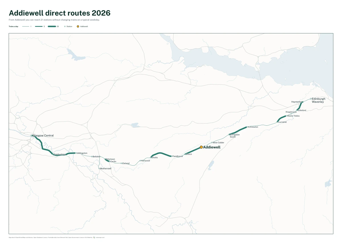 Addiewell direct routes 2026: a map of every station you can reach from Addiewell without changing trains, the lines thicker where more trains run