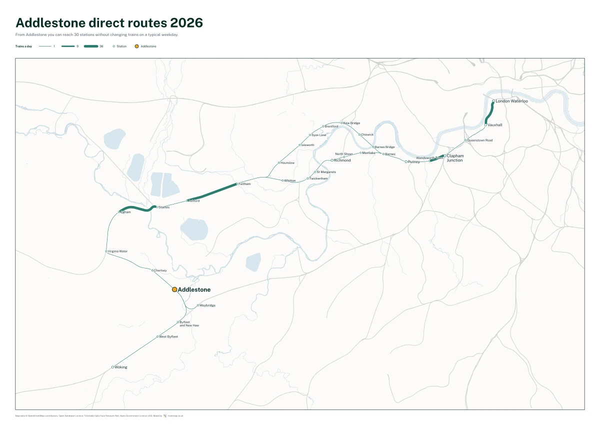 Addlestone direct routes 2026: a map of every station you can reach from Addlestone without changing trains, the lines thicker where more trains run