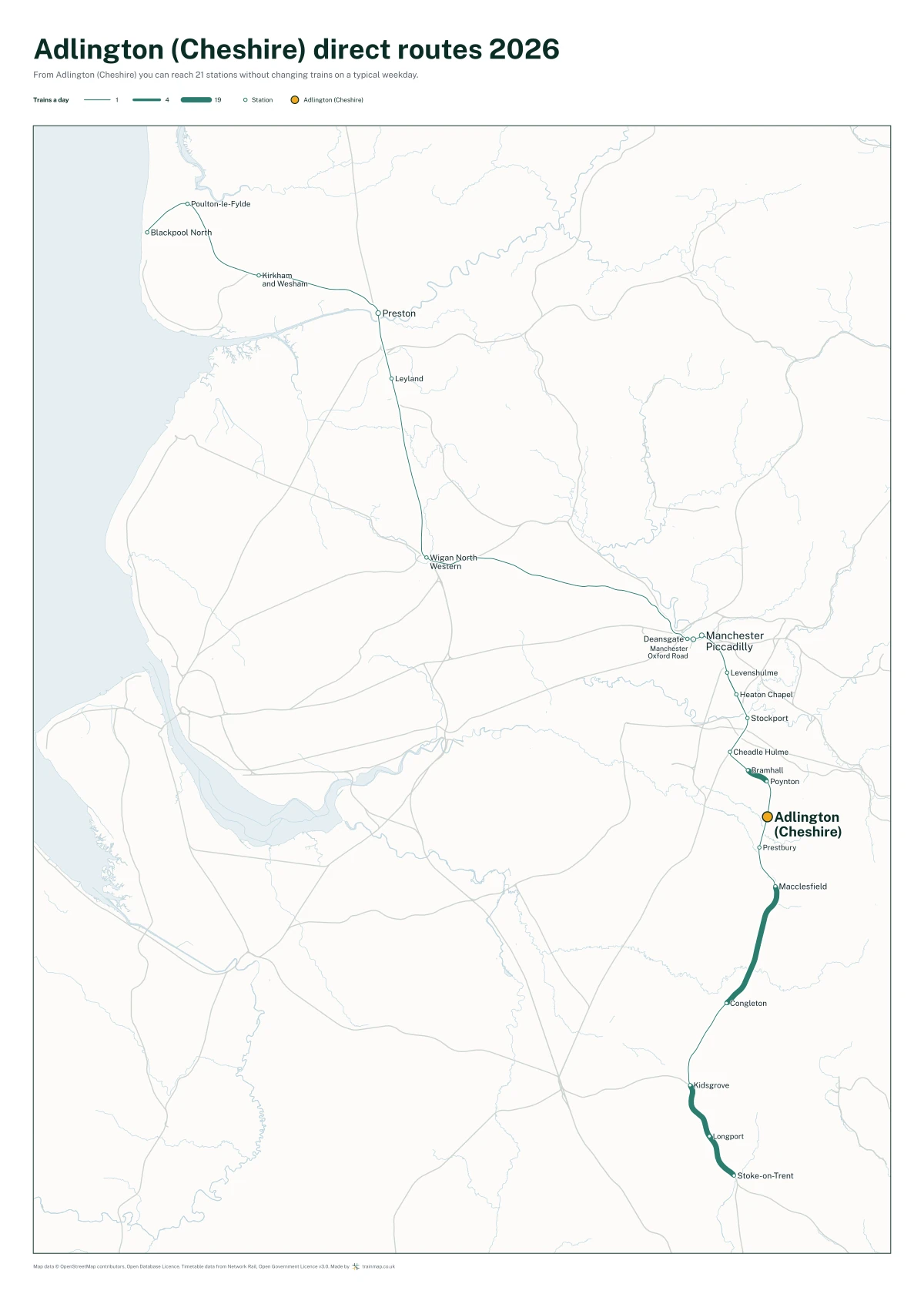 Adlington (Cheshire) direct routes 2026: a map of every station you can reach from Adlington (Cheshire) without changing trains, the lines thicker where more trains run
