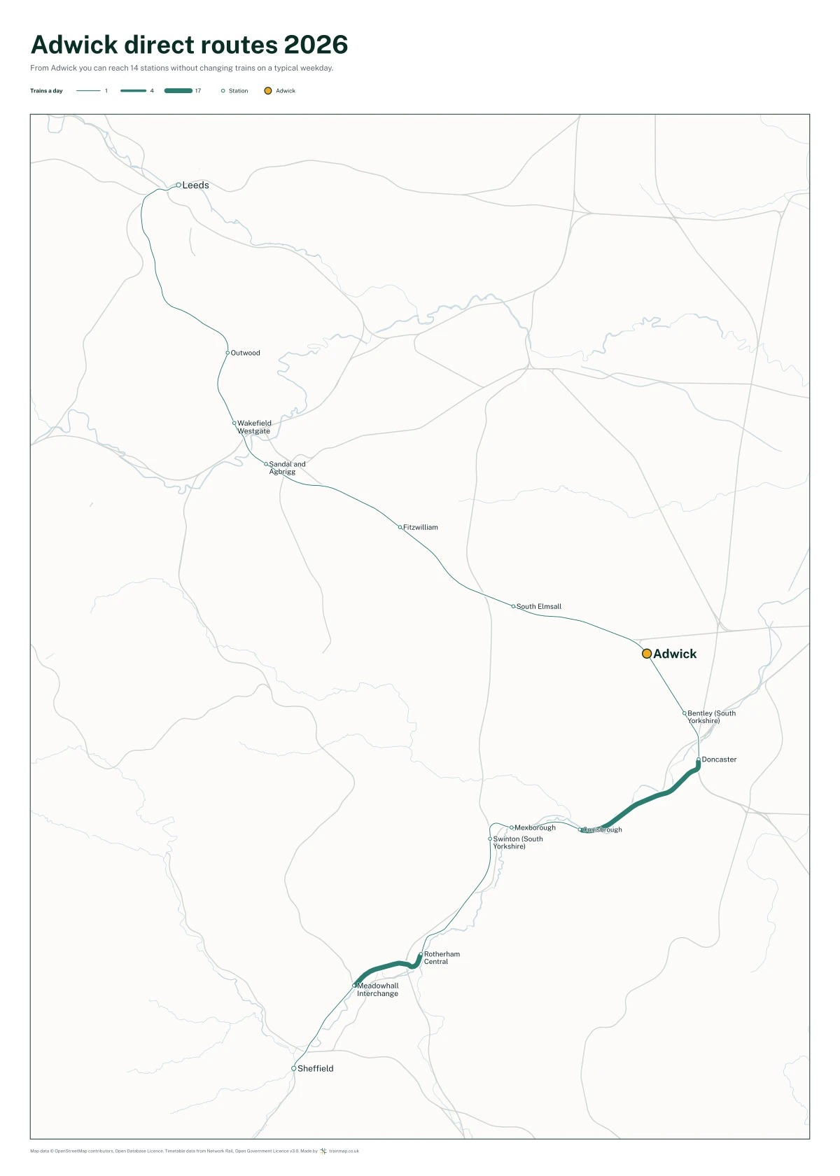 Adwick direct routes 2026: a map of every station you can reach from Adwick without changing trains, the lines thicker where more trains run