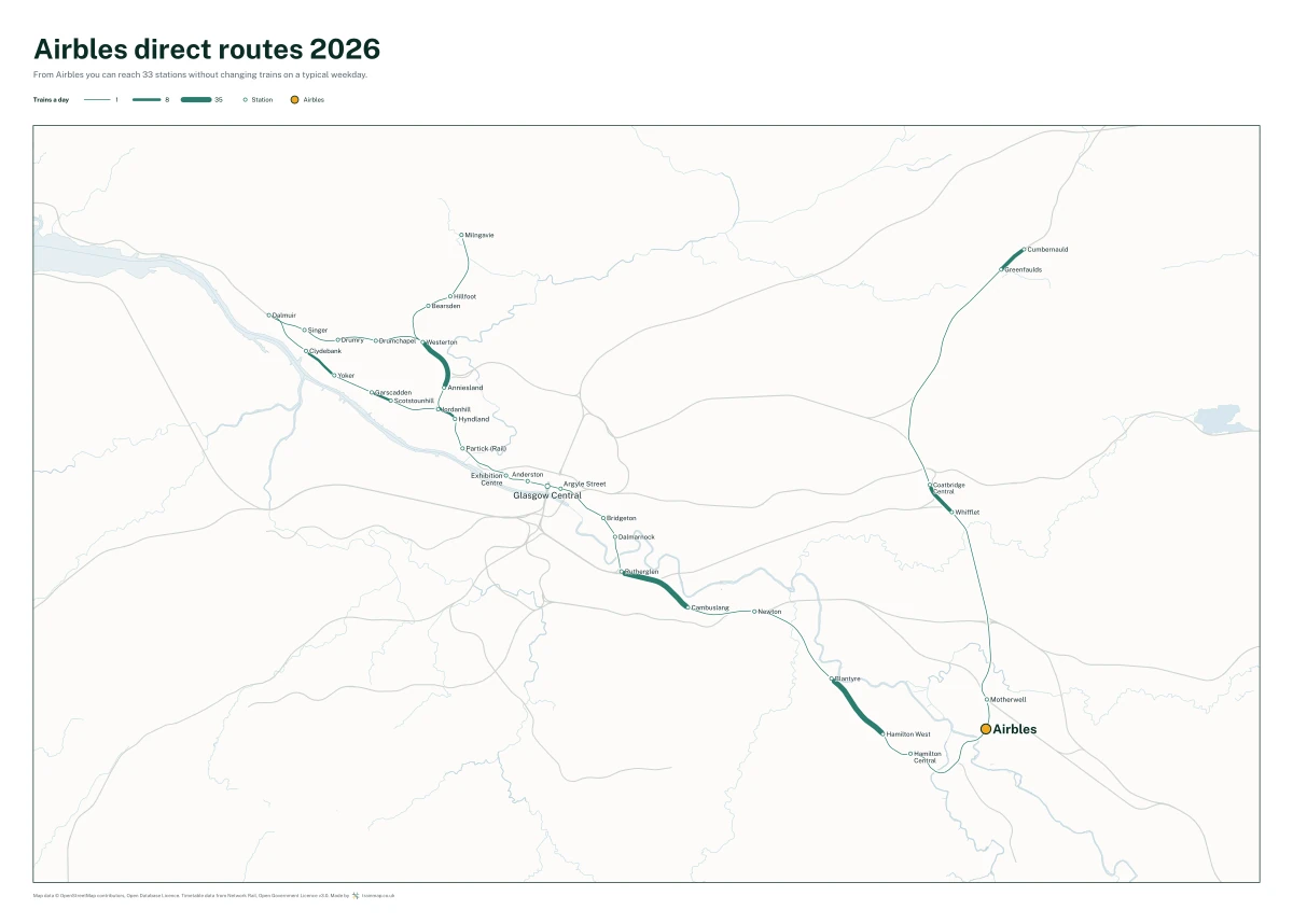 Airbles direct routes 2026: a map of every station you can reach from Airbles without changing trains, the lines thicker where more trains run