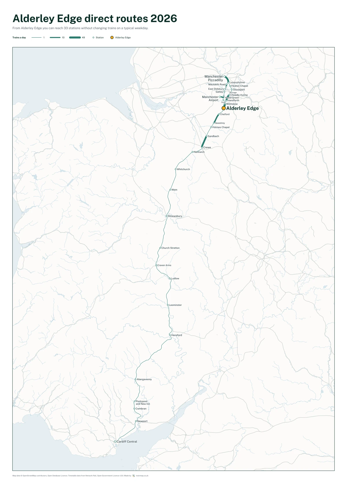 Alderley Edge direct routes 2026: a map of every station you can reach from Alderley Edge without changing trains, the lines thicker where more trains run