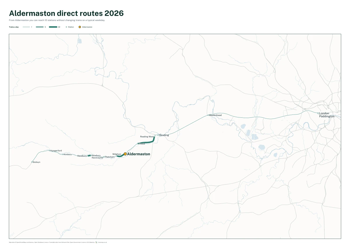 Aldermaston direct routes 2026: a map of every station you can reach from Aldermaston without changing trains, the lines thicker where more trains run
