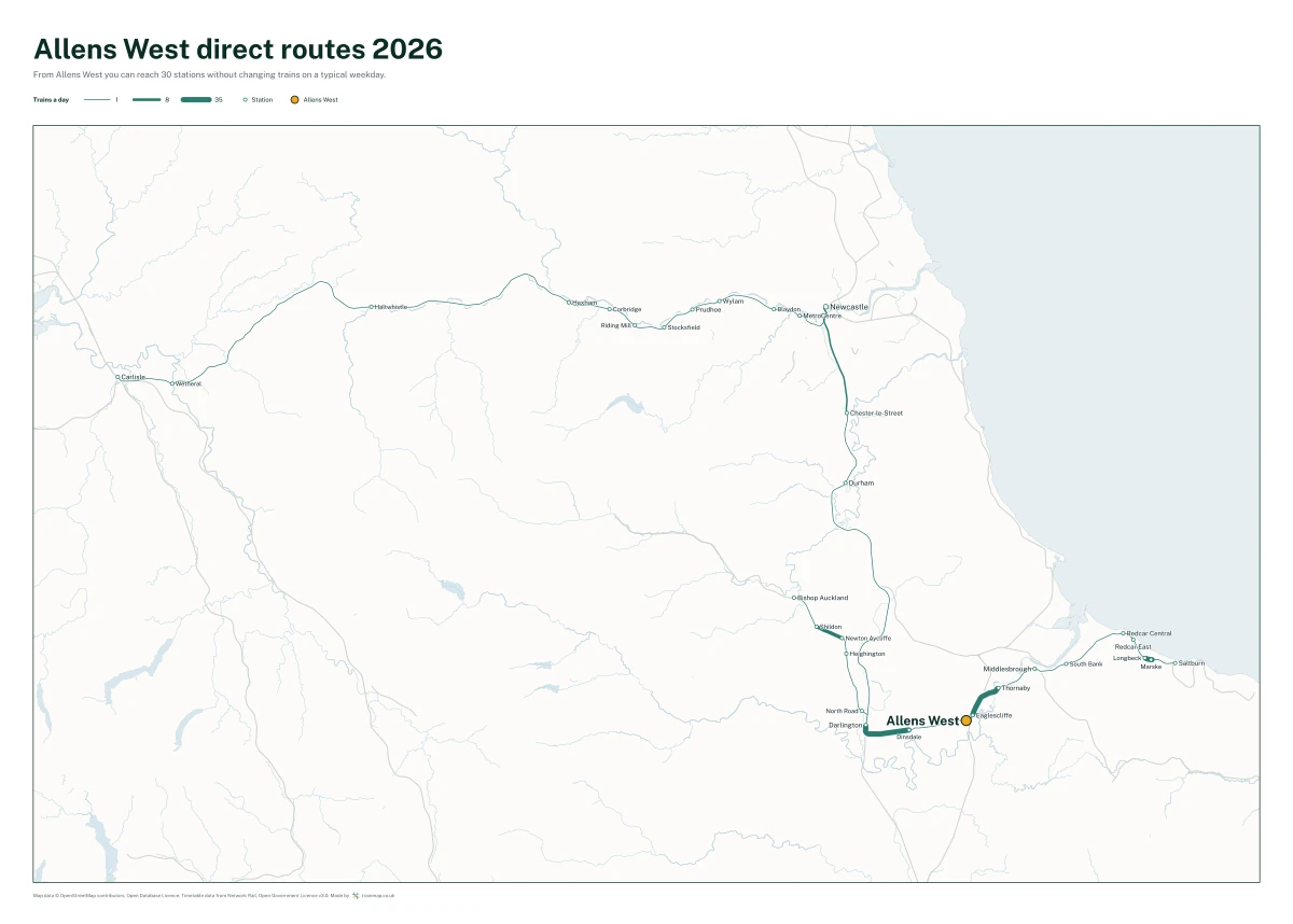 Allens West direct routes 2026: a map of every station you can reach from Allens West without changing trains, the lines thicker where more trains run
