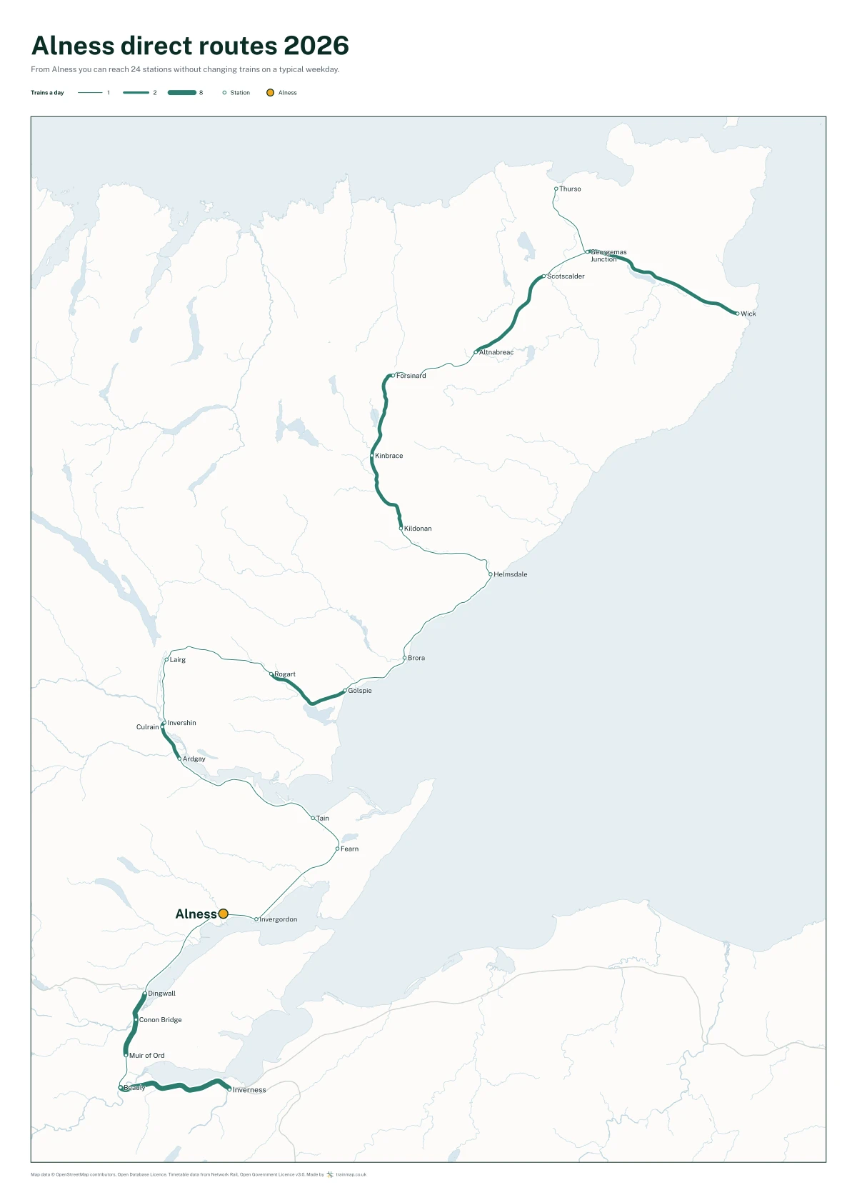 Alness direct routes 2026: a map of every station you can reach from Alness without changing trains, the lines thicker where more trains run