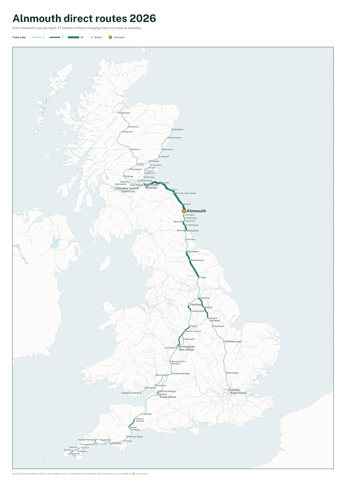 Alnmouth direct routes 2026: a map of every station you can reach from Alnmouth without changing trains, the lines thicker where more trains run