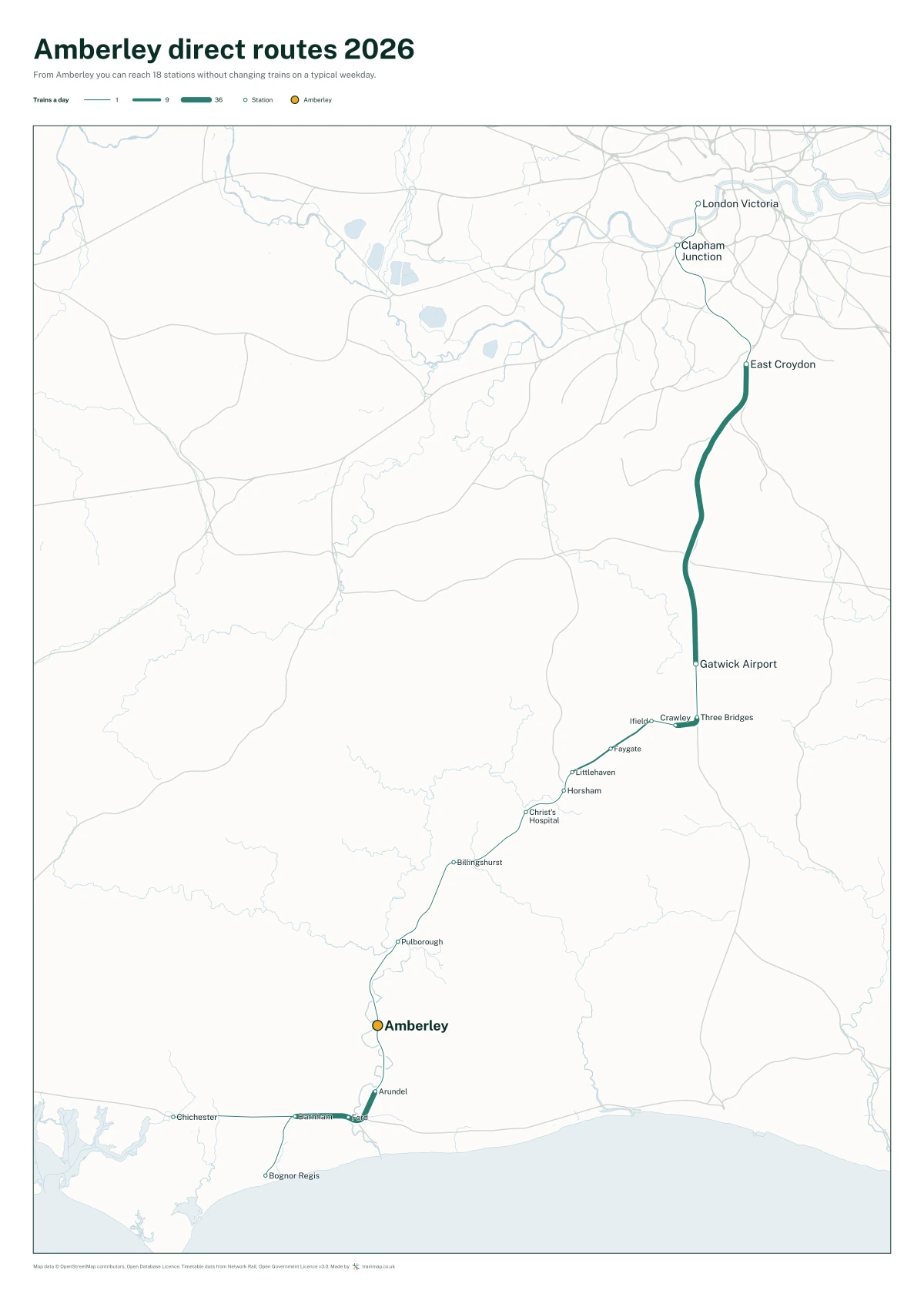 Amberley direct routes 2026: a map of every station you can reach from Amberley without changing trains, the lines thicker where more trains run