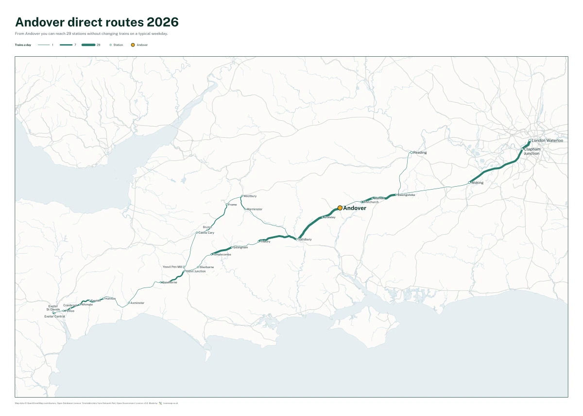 Andover direct routes 2026: a map of every station you can reach from Andover without changing trains, the lines thicker where more trains run