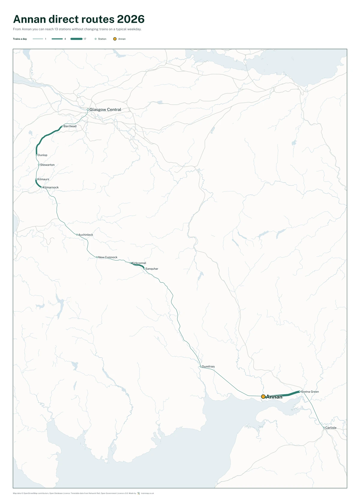 Annan direct routes 2026: a map of every station you can reach from Annan without changing trains, the lines thicker where more trains run