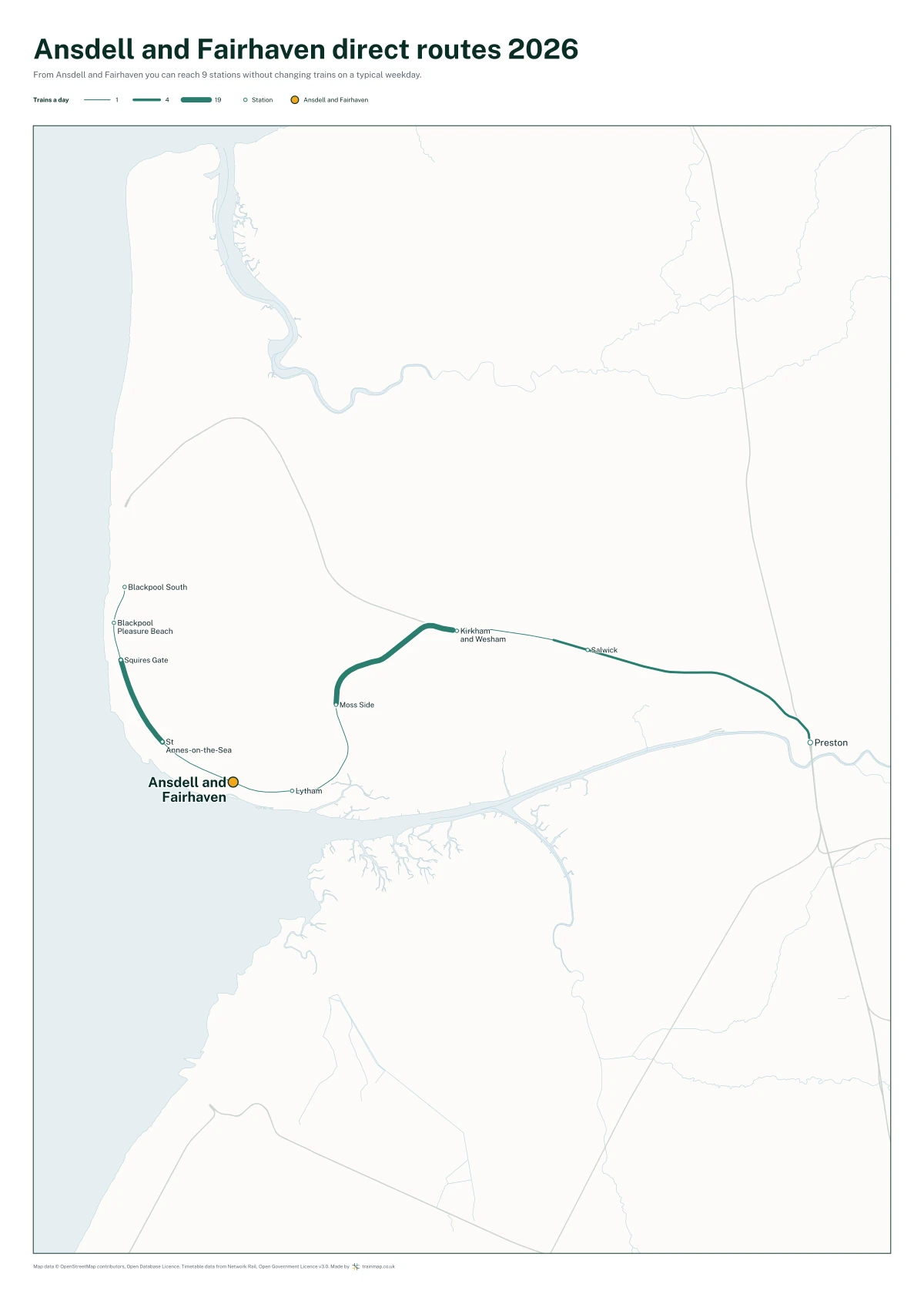 Ansdell and Fairhaven direct routes 2026: a map of every station you can reach from Ansdell and Fairhaven without changing trains, the lines thicker where more trains run