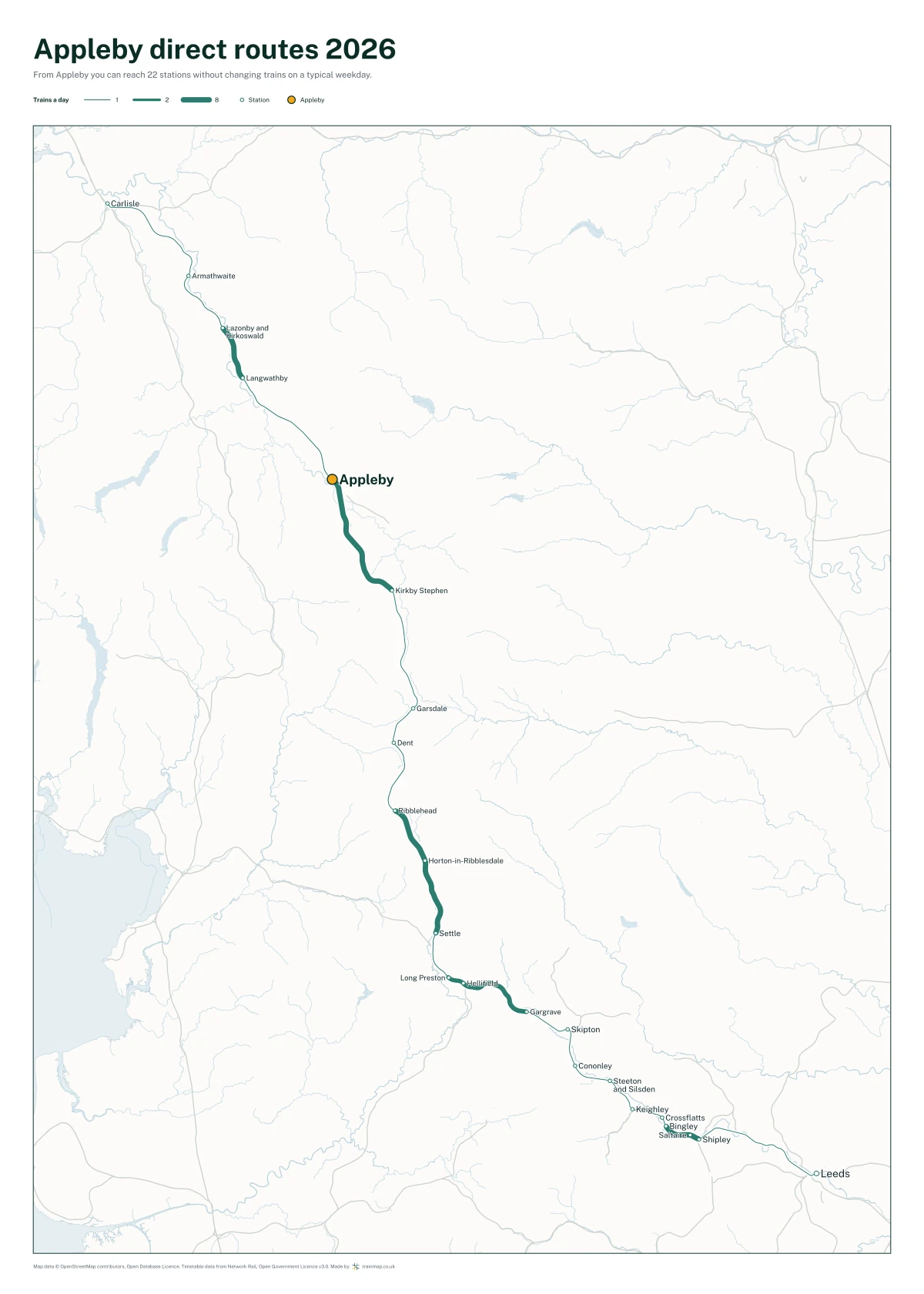 Appleby direct routes 2026: a map of every station you can reach from Appleby without changing trains, the lines thicker where more trains run