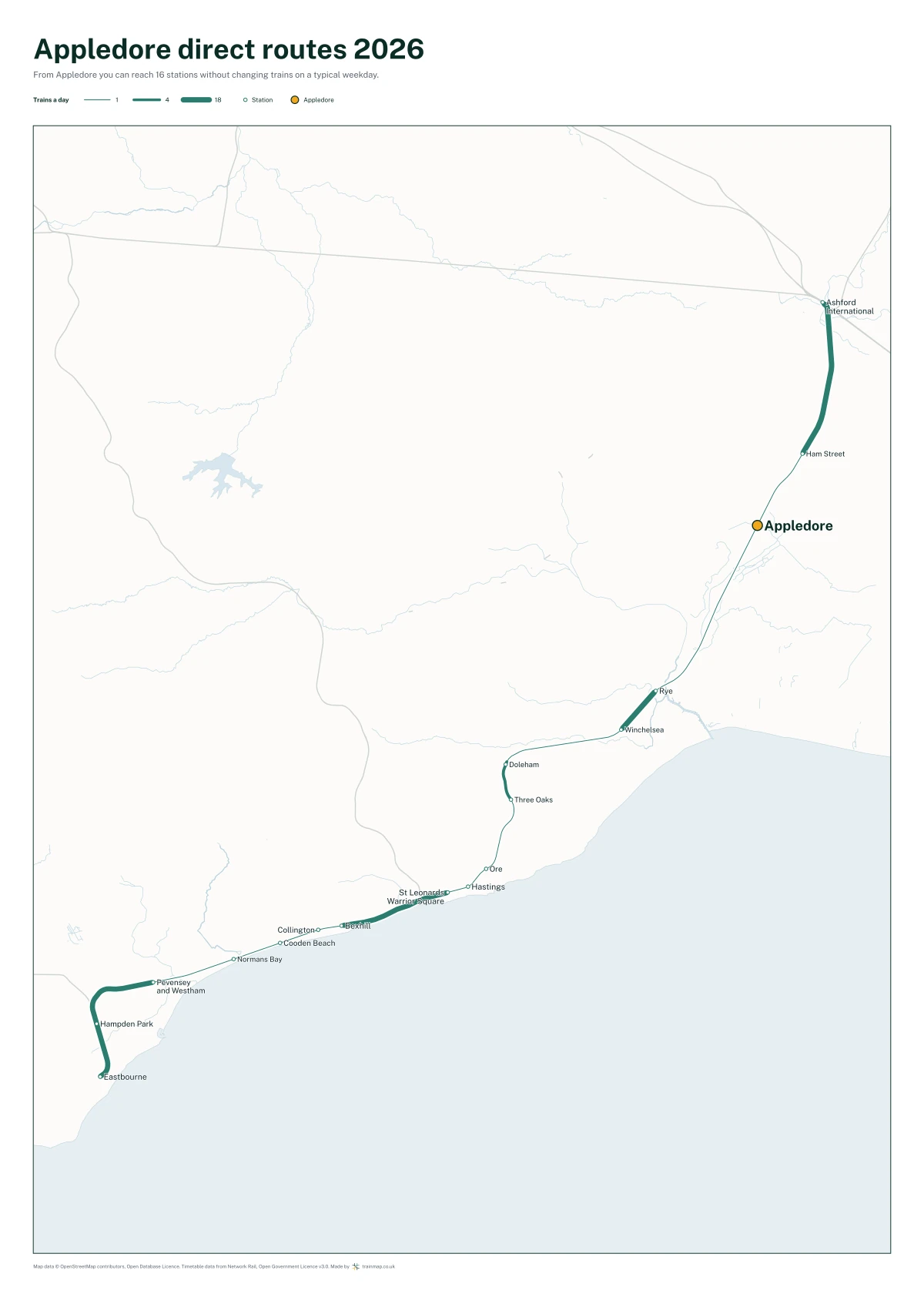 Appledore direct routes 2026: a map of every station you can reach from Appledore without changing trains, the lines thicker where more trains run