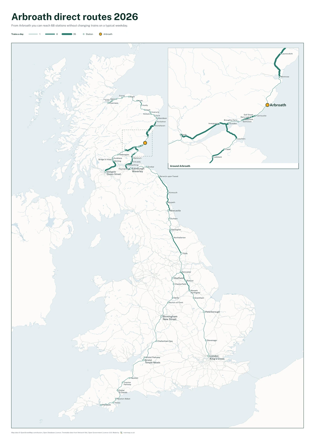 Arbroath direct routes 2026: a map of every station you can reach from Arbroath without changing trains, the lines thicker where more trains run
