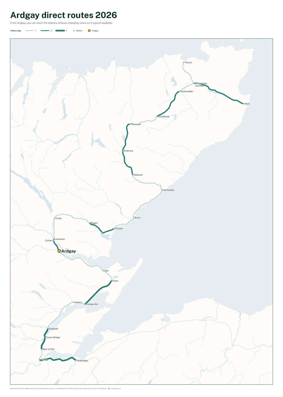 Ardgay direct routes 2026: a map of every station you can reach from Ardgay without changing trains, the lines thicker where more trains run