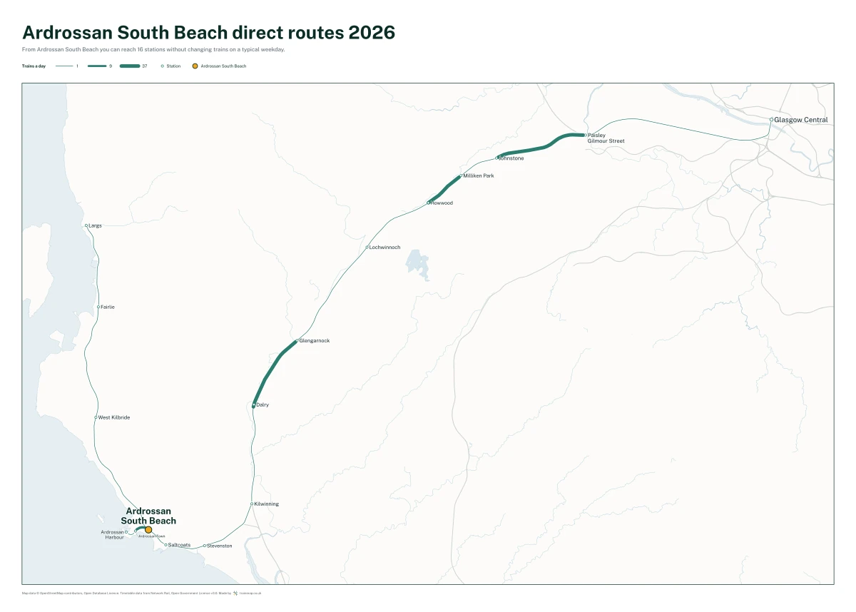 Ardrossan South Beach direct routes 2026: a map of every station you can reach from Ardrossan South Beach without changing trains, the lines thicker where more trains run